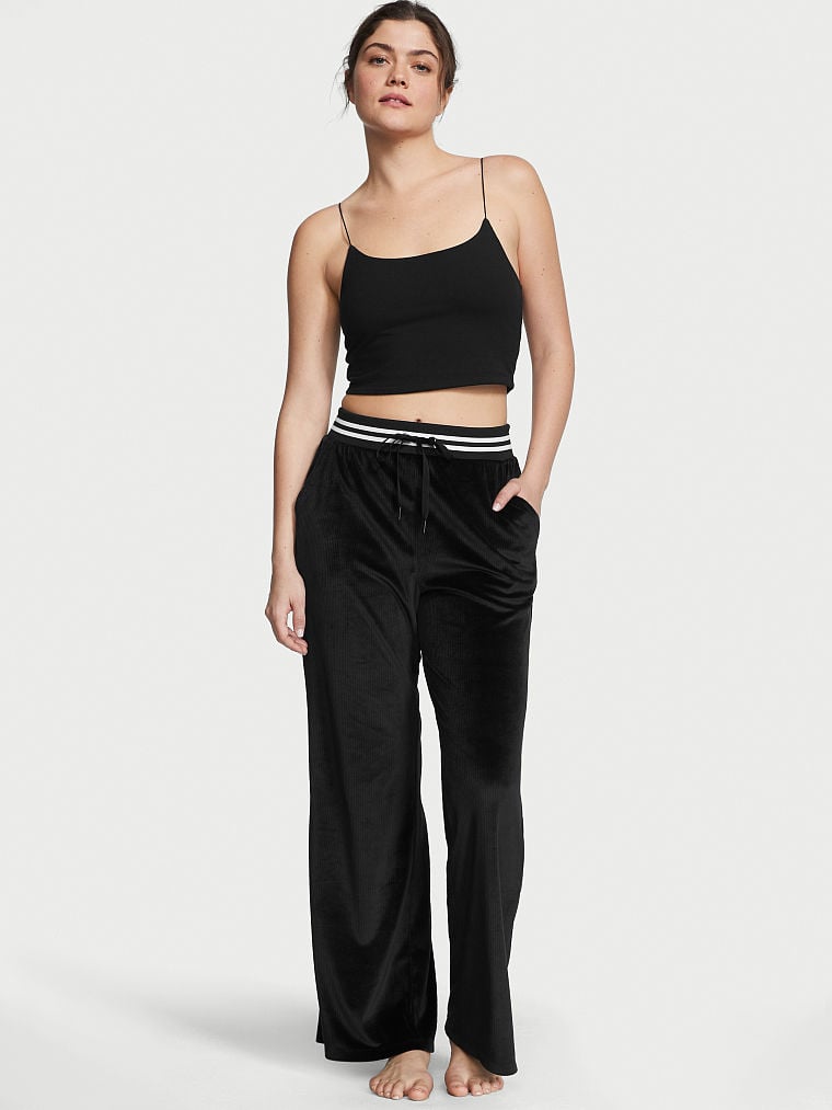 Velour Ribbed High-Rise Wide Leg Pants